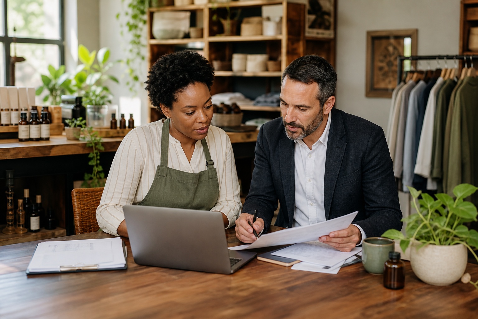A small-business owner reviewing business records with a tax professional